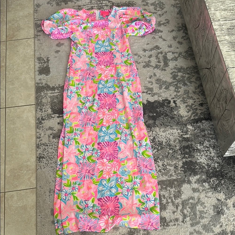 Lilly Pulitzer Pink and Blue Floral Puff sleeve maxi Dress nwot